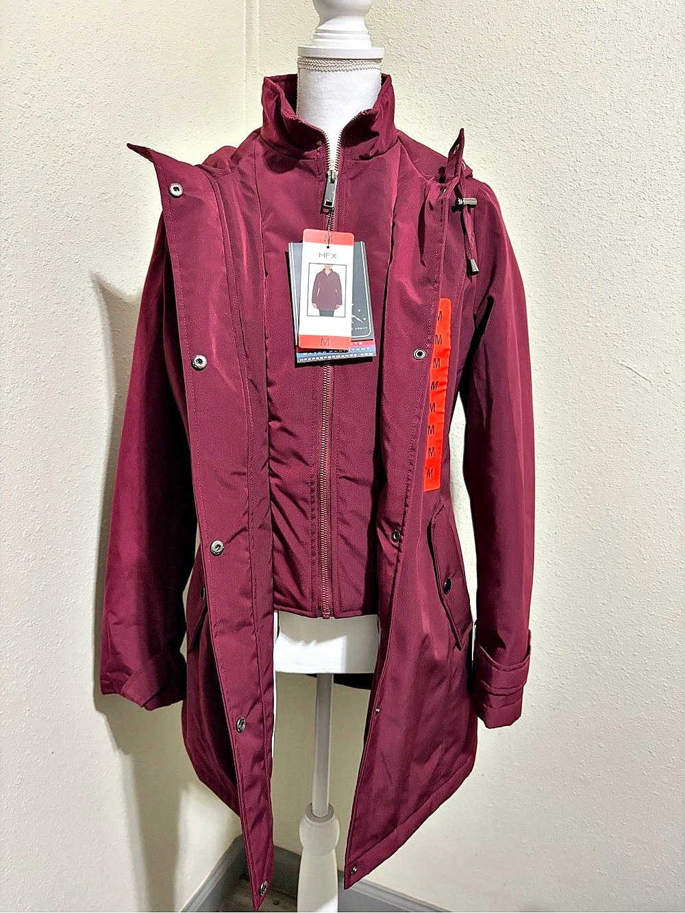 HFX Ladies' All Weather Trench Coat Hooded Puffer Burgundy